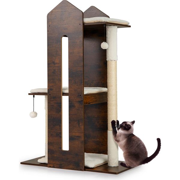 Costway Tiragraffi In Legno, 120 Cm, Albero Per Gatti Con Tiragraffi, 3 Piattaforme, Palline E Cuscino Rimovibile, Tiragraffi Per Gatti Albero Di Arrampicata Per Gatti Albero Di Attività-image