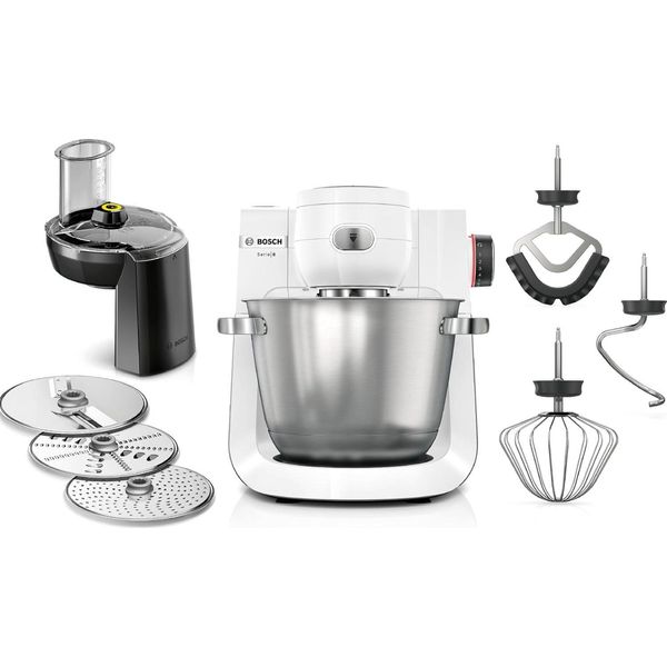 Robot Da Cucina Bosch Serie 6 MUMS6EW13D, Nuovo, 7 Impostazioni Di Velocità, Ciotola Da 5,5 L, Affettatrice Continua, 3 Dischi, Gancio Per Impasto, Frusta,-image