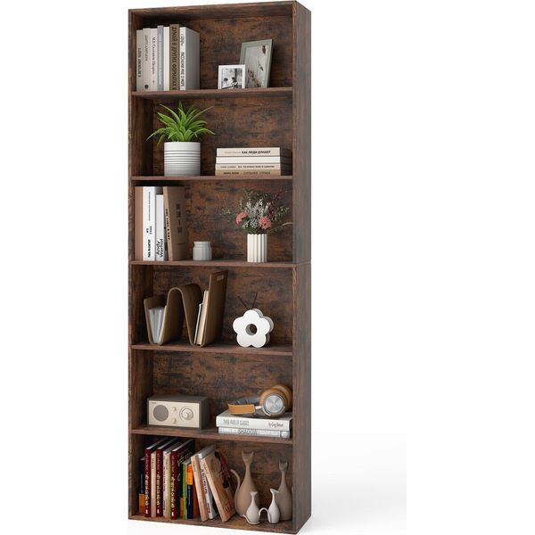 Libreria A 6 Livelli Costway, Scaffale Autoportante 60X23,5X178 Cm, Scaffale Espositivo Con 2 Set Antiribaltamento, Scaffale A Giorno (Marrone)-image