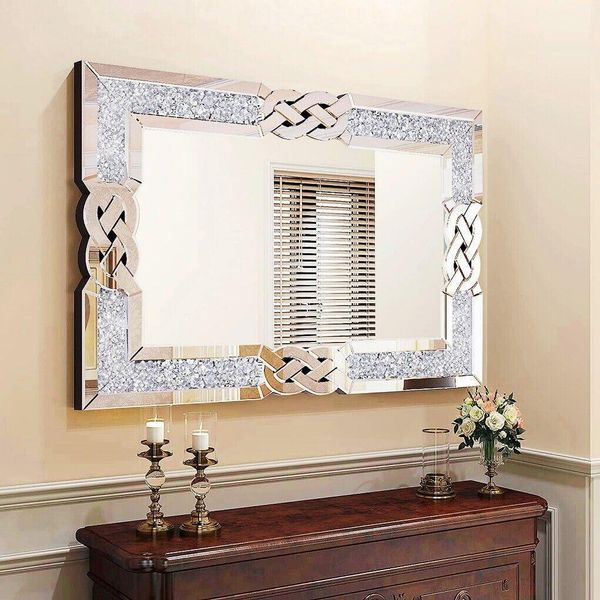 Vrygle Specchio Da Parete Con Cristalli 90×60 Cm – Specchio Grande Con Cornice, Specchio Decorativo Hd Argento Moderno Per Soggiorno E Camera-image