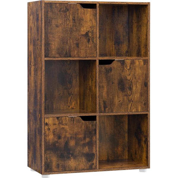 Libreria In Legno Autoportante - Mobile Con Anta - 3 Livelli - 6 Scomparti - Mdf - 59,7X29,7X91 Cm - Marrone Rustico-image