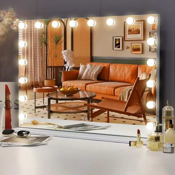 Vanitii Hollywood Specchio Per Il Trucco 80Cm X 58Cm Con Illuminazione 18 Luci Dimmer 3 Modalità Di Illuminazione Specchio Per Il Trucco Per Il Bagno Tavolo Da Toilette Bianco-image