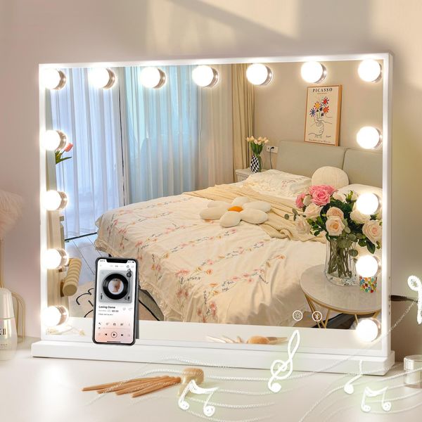 Vanitii Hollywood Specchio Per Il Trucco 58Cm X 46Cm Con Illuminazione 15 Luci Dimmer 3 Modalità Di Luce Bluetooth Specchio Per Il Trucco Per Il Bagno Tavolo Da Toilette Bianco-image