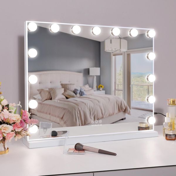 Vanitii Hollywood Specchio Per Il Trucco 58Cm X 46Cm Con Illuminazione 15 Luci Dimmer 3 Modalità Di Illuminazione Specchio Per Il Trucco Per Il Bagno Tavolo Da Toilette Bianco-image