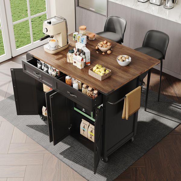 Fortuna Lai Isola Da Cucina, Carrello Di Servizio Con Piano Di Lavoro Estraibile, Armadio Da Cucina, Carrello Da Cucina, Carrello Isola Da Cucina, Carrello Portavivande Con Quattro Ante E Due Cassetti, Carrello Portavivande Con Venature Del Legno, Nero-image