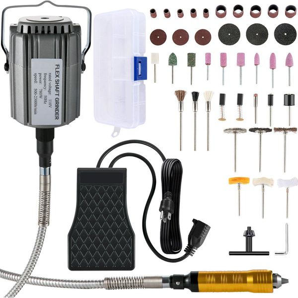 Utensile Rotante Elettrico Flex Shaft Sospensione Albero 780 W Dispositivo Di Macinazione Ad Alta Velocità Albero Flessibile, Sospensione Albero Mulino Lunghezza 100Cm, Controllo A Pedale 500-23000Rpm, Mandrino A Tre Griffe, 45 Pezzi. Accessori-image
