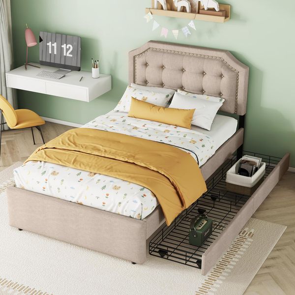 Letto Imbottito 90 X 200 Cm Piatto, Comodino Imbottito Con Rivetti Decorativi, Doppio Cassetto, Beige Scuro-image