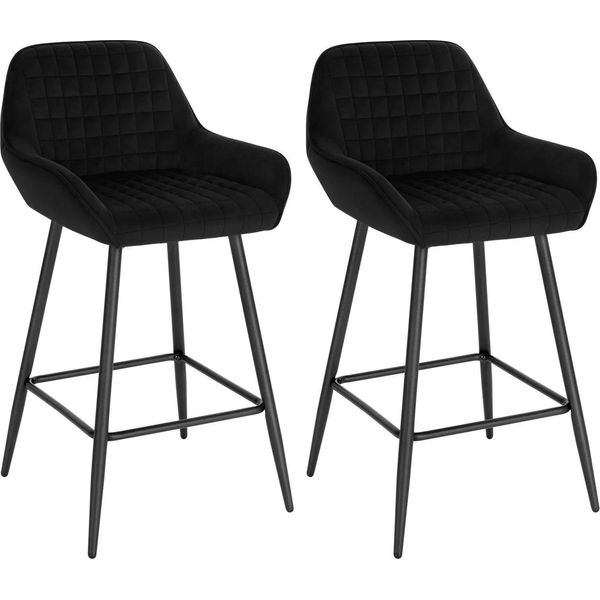 Sgabello Da Bar Di Design - Set Di 2 - Velluto E Metallo - Con Braccioli, Schienale, Poggiapiedi - Altezza Seduta 64 Cm - Seduta 34×37 Cm - Non Regolabile In Altezza - Nero-image