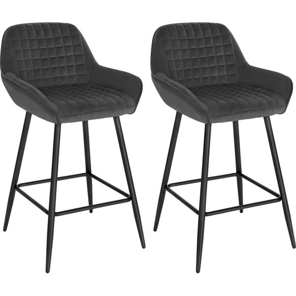 Sgabello Da Bar In Velluto - Set Di 2 - Con Braccioli - Schienale - Poggiapiedi - Altezza Seduta 64 Cm - Seduta 34X37 Cm - Grigio Scuro-image