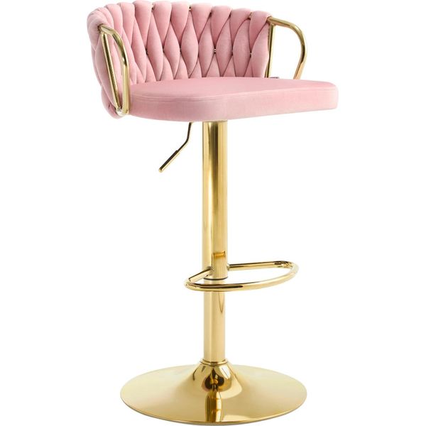 Sgabello Da Bar - Sgabello Da Cucina Regolabile In Altezza - Altezza 77-98 Cm - Girevole A 360° - Schienale Intrecciato - Seduta In Velluto - Poggiapiedi In Metallo - Rosa-image