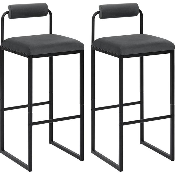 Set Di 2 Sgabelli Da Bar - Sgabello Alto Da Bar - Rivestimento In Velluto - Altezza Seduta 75 Cm - Schienale E Poggiapiedi - Struttura In Acciaio - Portata Fino A 120 Kg - Grigio Scuro-image