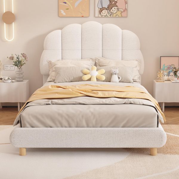 Letto Imbottito Flieks 90X200Cm Con Rete A Doghe, Letto Singolo Letto Per Ragazzi Con Testiera, Letto Per Bambini Letti Classici Letto In Legno, Peluche, Bianco-image