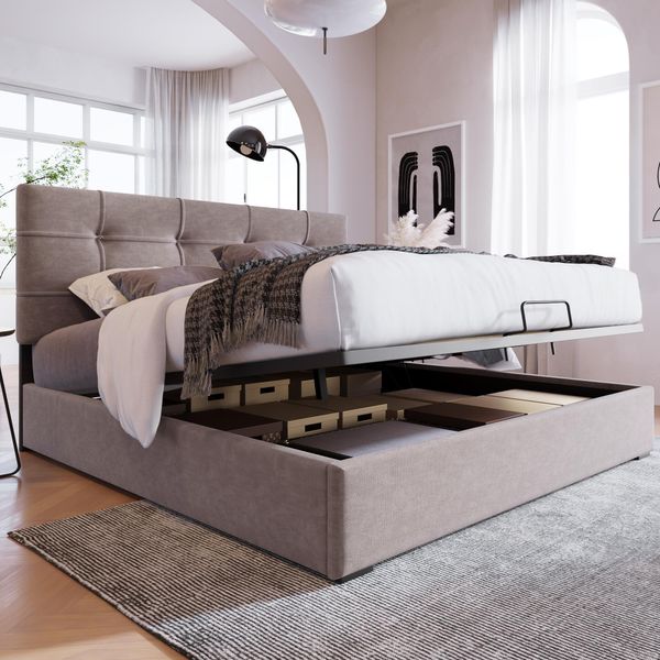 Letto Merax A Molle Idrauliche 140X200Cm Letto Imbottito Con Rete E Testiera Regolabile, Rete A Doghe In Metallo, Letto Matrimoniale In Legno Di Pino Letto Funzionale In Velluto, Grigio Chiaro-image
