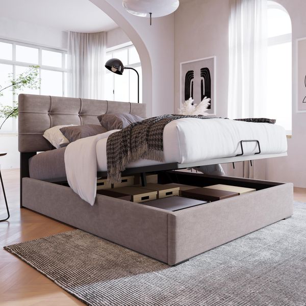 Letto Imbottito Sweiko Letto Singolo 90X200Cm Con Testata Regolabile E Rete A Doghe Letto A Molle Idrauliche Con Contenitore In Velluto Grigio Chiaro (Senza Materasso)-image