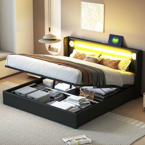 Letto Imbottito 160X200 Con Striscia Luminosa A Led, Lettore Bluetooth E Ricarica Usb, Letto Contenitore, Letto Matrimoniale, Nero-image