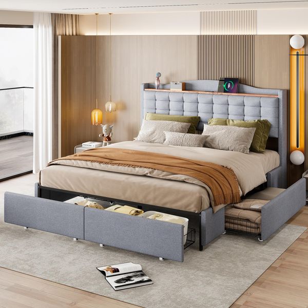 Letto Imbottito 160X200 Cm, Comodino Con Porta Di Ricarica Usb E Mensola, Letto Matrimoniale Piatto Con 4 Cassetti, Tessuto Di Lino Grigio-image