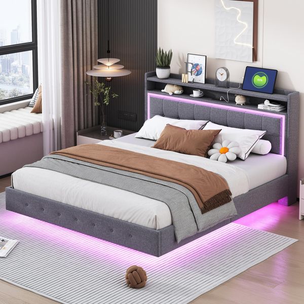 Letto Imbottito Merax 160X200Cm Con Presa Usb E Led, Letto Contenitore Con Testiera, Design Fluttuante, Letto Matrimoniale In Tessuto Di Lino, Grigio-image