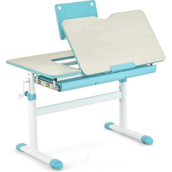 Scrivania Per Bambini Costway Regolabile In Altezza, Scrivania Per La Scuola Con Piano Inclinabile, Leggio, Cassetto E Righello, Scrivania Ergonomica Per Bambini Dai 3 Ai 12 Anni (Blu)-image