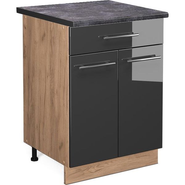 Vicco Mobiletto Base Per Cucina Fame-Line, 60 Cm Con Cassetto, Pt Antracite, Antracite Lucido/Quercia Dorata-image
