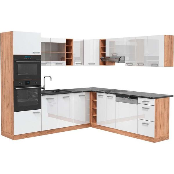 Vicco Cucina Angolare Completa R-Line, 237 X 247 Cm , Pt Antracite, Bianco Lucido/Oro Power Oak-image