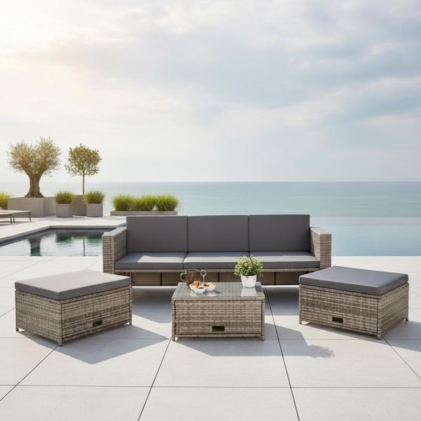 Mobili Da Giardino 6 Pezzi Grigio Divano Lounge Polyrattan Set Da Pranzo Cuscini Di Seduta-image