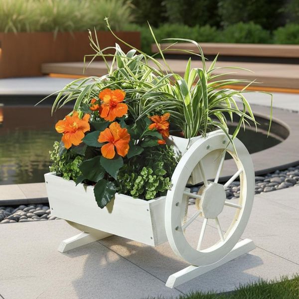 Fioriera In Legno + Ruote Del Carrello Decorazione Giardino Mangiatoia In Legno Bianco-image