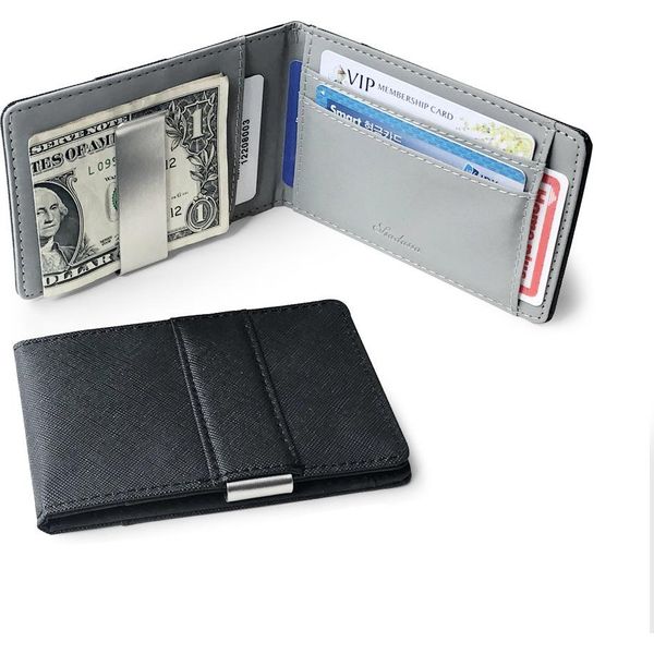 Inf Portafoglio Sottile Da Uomo, Porta Carte Con Fermasoldi Bifold In Finto Cuoio Nero-image