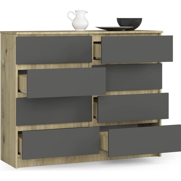 Bdw, Cassettiera Con 8 Cassetti, 120X99X40 Cm, Molto Spazio, Rovere Artisan - Grigio-image