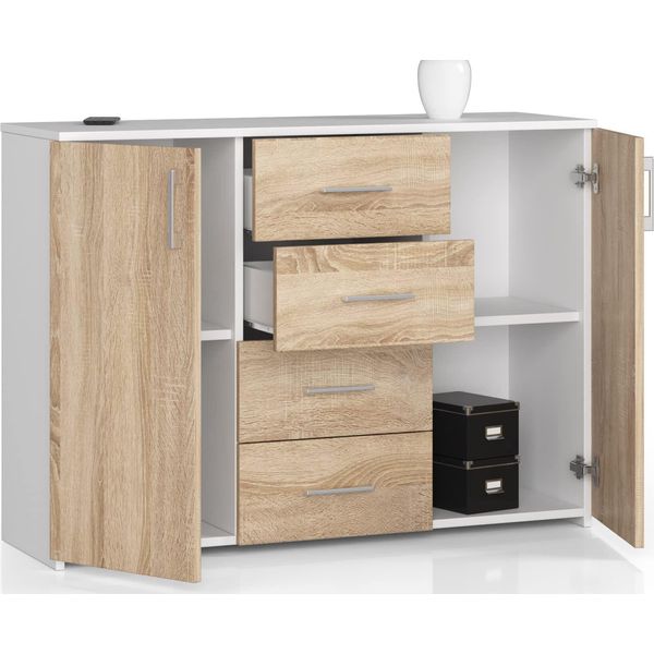 Cassettiera Con 4 Cassetti E 2 Ante, 110X80X35, Soggiorno, Bianco/Rovere Sonoma-image