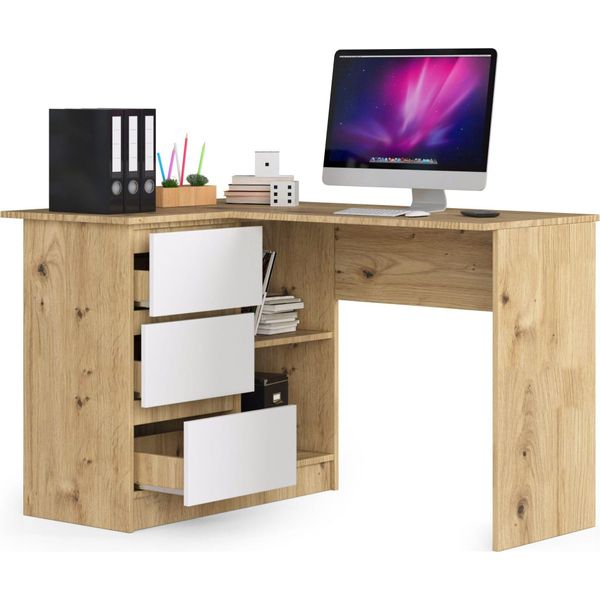 Bdw, Scrivania Angolare Destra, 3 Cassetti, 4 Ripiani, Rovere Artisan / Bianco A Sinistra-image