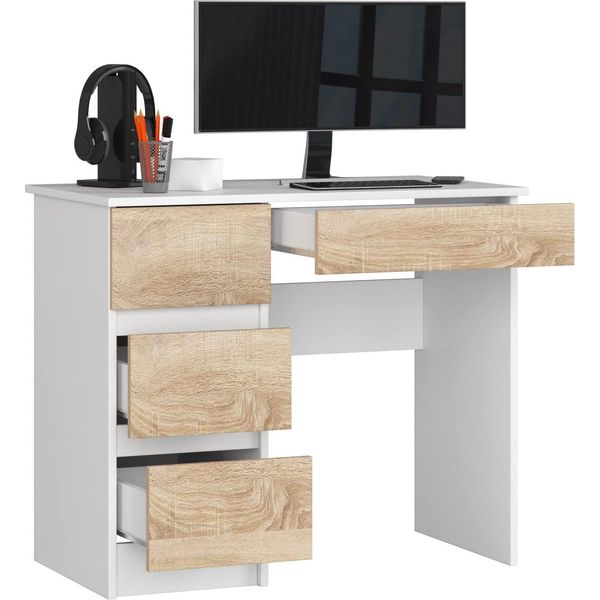 Bdw Scrivania Per Ufficio Con 4 Cassetti, Scrivania Da Gioco, Bianco / Rovere Sonoma Sinistra-image