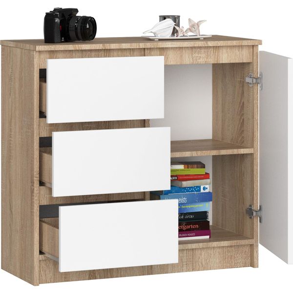Bdw, Cassettiera, 3 Cassetti, 1 Anta, Armadio, Credenza, Rovere Sonoma / Bianco-image