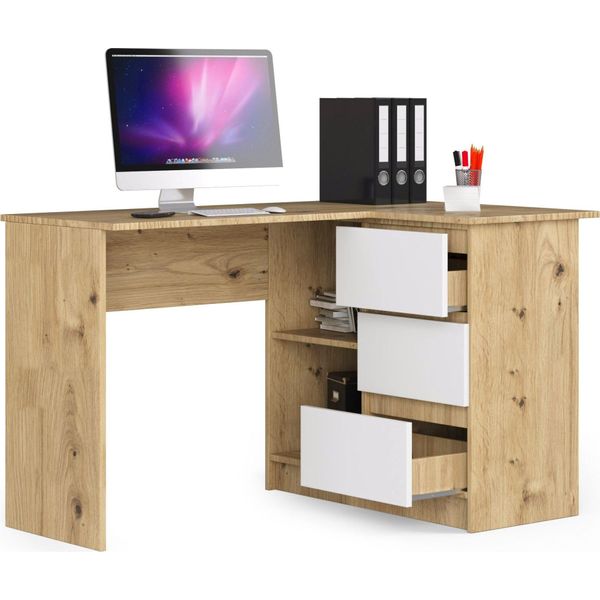 Bdw, Scrivania Angolare Destra, 3 Cassetti, 4 Ripiani, Rovere Artisan / Bianco Destra-image