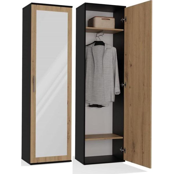 Bdw, Armadio Duo Con Specchio, 180X50X35Cm, Funzionale, Antracite/Rovere Artigianale-image
