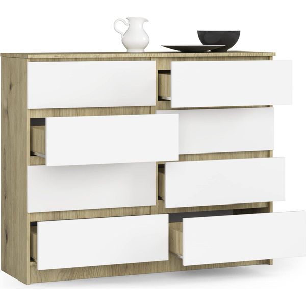Bdw, Cassettiera Con 8 Cassetti, 120X99X40 Cm, Molto Spazio, Rovere Artisan - Bianco-image