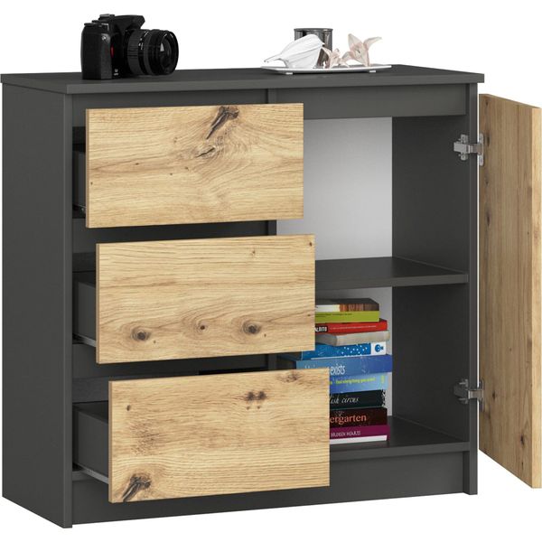 Bdw, Cassettiera, 3 Cassetti, 1 Anta, Armadio, Credenza, Grigio / Rovere Artisan-image