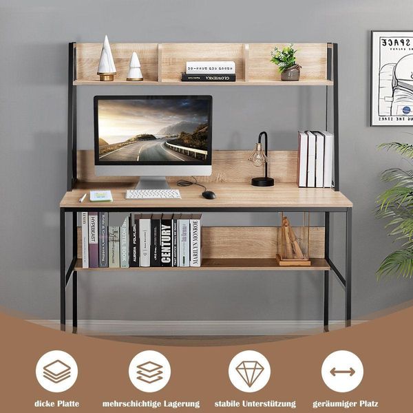 Scrivania Per Computer Con Ripiano, Libreria E Piedini Regolabili, Tavolo Da Lavoro Naturale-image