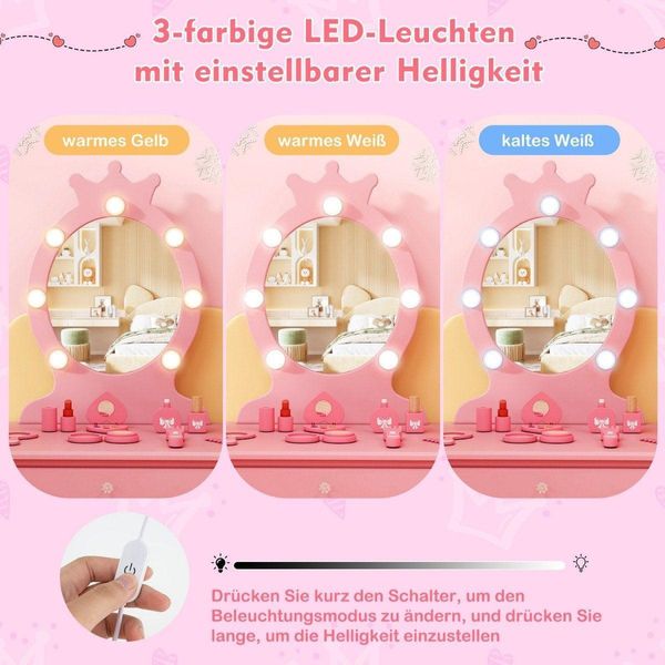 Toeletta Per Bambini Con Illuminazione Toeletta Principessa 2 In 1 Con Specchio Rimovibile Rosa-image