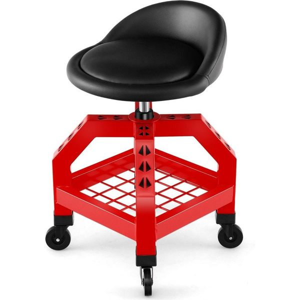 Sgabello Da Officina Regolabile In Altezza, Portata 150 Kg, Con Vassoio Portautensili, Sedia Da Officina Rossa-image