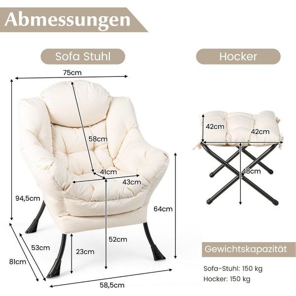 Poltrona Con Sgabello E Braccioli, Tasca Laterale E Poggiapiedi Poltrona Relax BergèRe Beige-image
