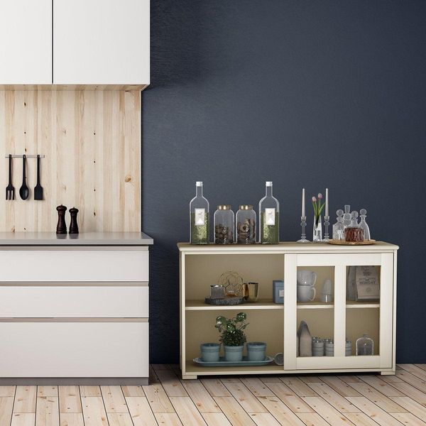 Credenza Mobile Da Cucina Soggiorno Regola Con Ante Scorrevoli Bianco Crema 106,5 X 33 X 62,5 Cm-image