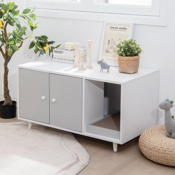 Tavolino 2 In 1 E Armadietto Per Gatti Con Tiragraffi Tavolino Da Toilette Per Gatti 90 X 50 X 50 Cm Grigio-image