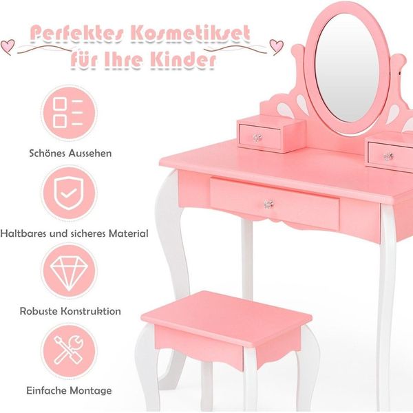 Toilette Per Bambini Con Sgabello Toilette Principessa Con 3 Cassetti E Specchio Rosa-image