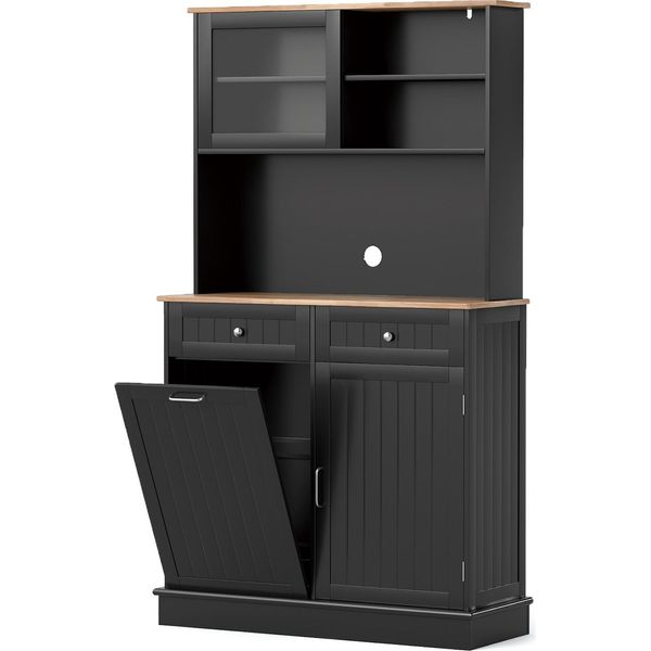 Costway Armadio Da Cucina, Per Cestino Da 45 L, Mobile Buffet Con Piano Di Lavoro, 2 Cassetti E Ripiani, Mobile Da Cucina Alto, Cassettiera In Legno, Nero-image