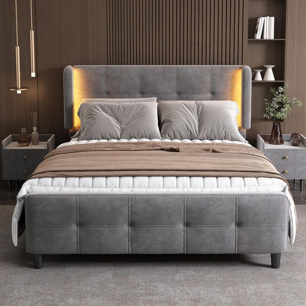 Letto Imbottito Flieks 140X200Cm Con Led, Letto Giovanile Letto Matrimoniale Letto In Legno Con Rete A Doghe, Letto Classico Con Testiera Regolabile, Velluto, Grigio-image
