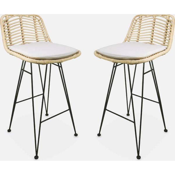 Set Di 2 Sgabelli Da Bar In Metallo E Rattan, 67Cm, Marrone Naturale-image