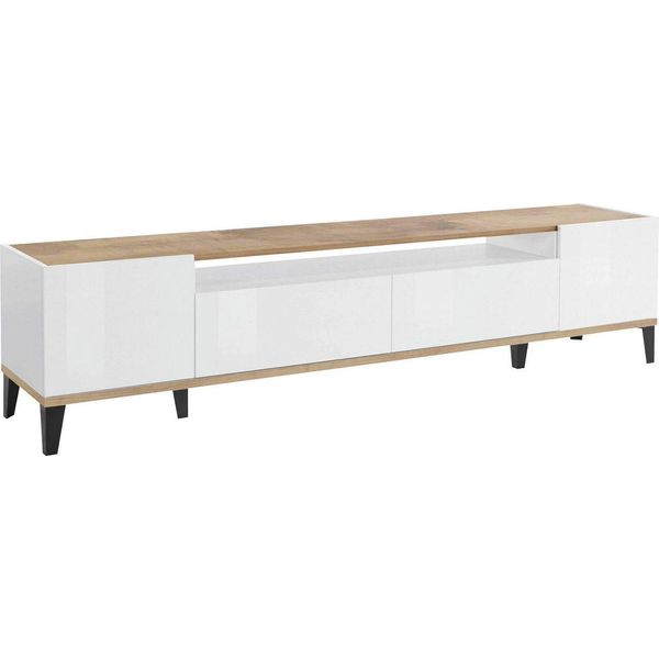 Dmora Mobile Porta Tv Abina 40X200X47H Cm Marrone Lucido, Apertura Push Pull 3 Vani Italy-image