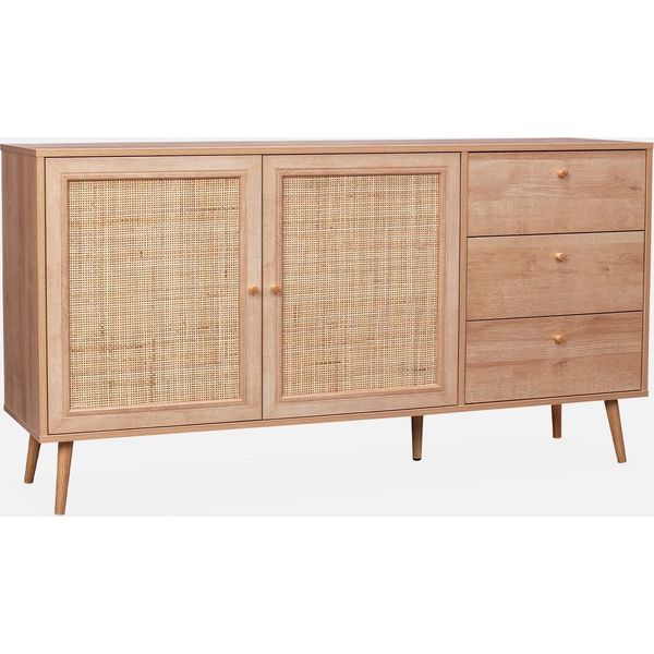 Credenza Scandinava A 2 Ante In Canna, 150Cm, Marrone Naturale-image