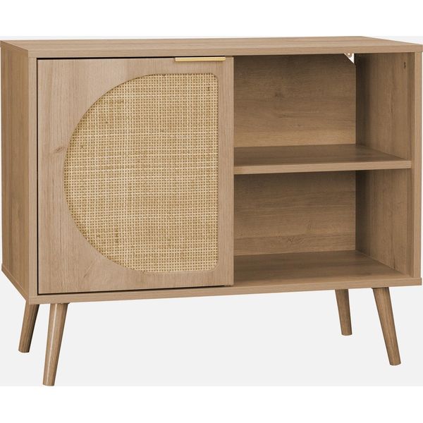 Credenza Scandinava Con Decoro, Legno Arrotondato, 80Cm, Marrone Naturale-image