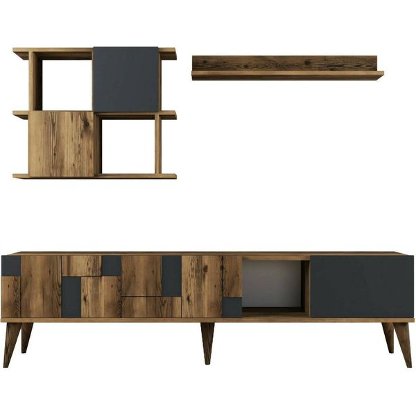 Dmora Mobile Porta Tv Dora 33.8X180X48.6H Cm Marrone Noce, Apertura Battente E A Ribalta 3 Vani-image